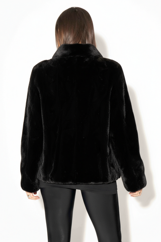 black Sheared Sectioned Mink Fur Jacket with Full Mink Fur Standup Collar