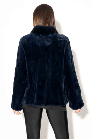navy sheared sectioned mink fur jacket with stand up collar