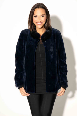 navy sheared sectioned mink fur jacket with stand up collar