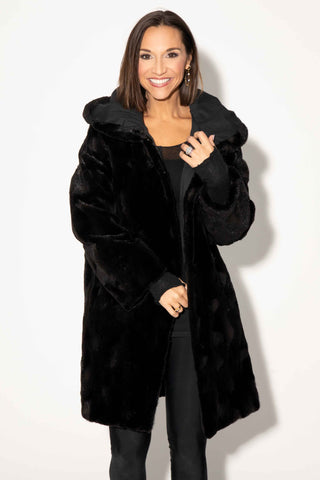black reversible sheared sectioned mink fur stroller with hood