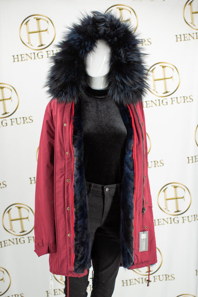 burgundy cloth stroller with detachable mink fur vest lining & fox fur trim hood