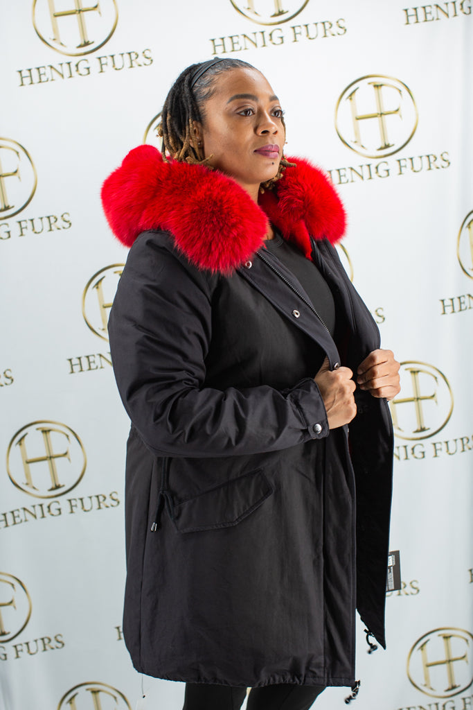black parka with red mink fur zip out vest lining & red fox fur trim hood