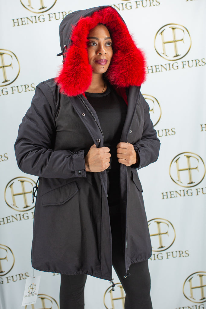 fur clearance: black parka with red mink fur zip out vest lining & red fox fur trim hood