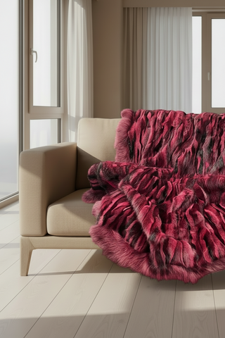 scarlet multicolor mink fur blanket with fox fur trim