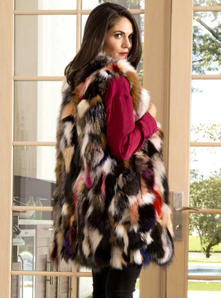 multicolor long sectioned fox fur vest