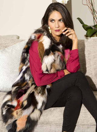 multicolor long sectioned fox fur vest