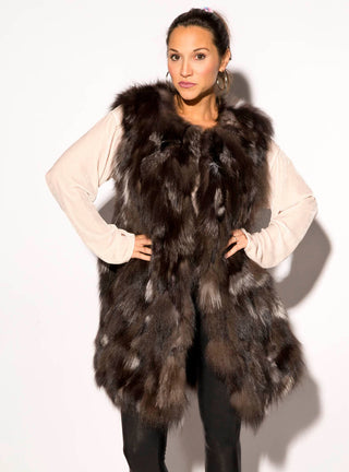 silver long sectioned fox fur vest