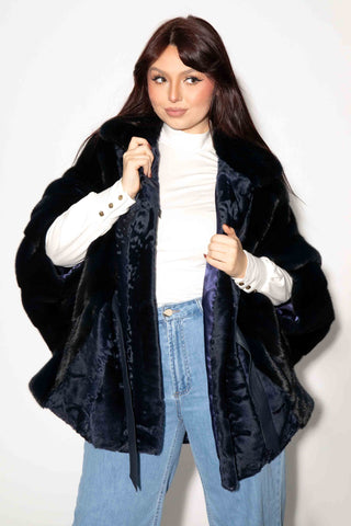 navy persian lamb NAFA mink fur cape with leather belt