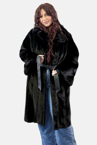 Black NAFA Mink Fur 7/8 Coat with Leather Belt