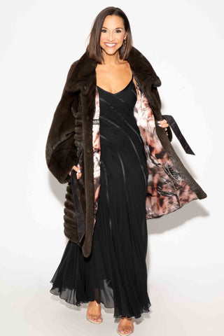 NAFA Semi-Sheared Mink Fur 7/8 Coat with Leather Belt