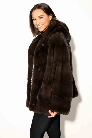 NAFA Lunaraine Mink Fur Jacket with Horizontal Pattern & Hood