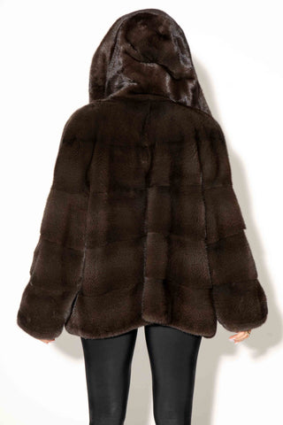NAFA Lunaraine Mink Fur Jacket with Horizontal Pattern & Hood