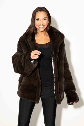 NAFA Lunaraine Mink Fur Jacket with Horizontal Pattern & Hood
