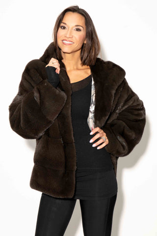 NAFA Lunaraine Mink Fur Jacket with Horizontal Pattern & Hood