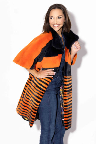 Orange & Navy Semi-Sheared Mink Fur Stroller with Standup Collar