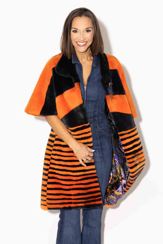 Orange & Navy Semi-Sheared Mink Fur Stroller with Standup Collar