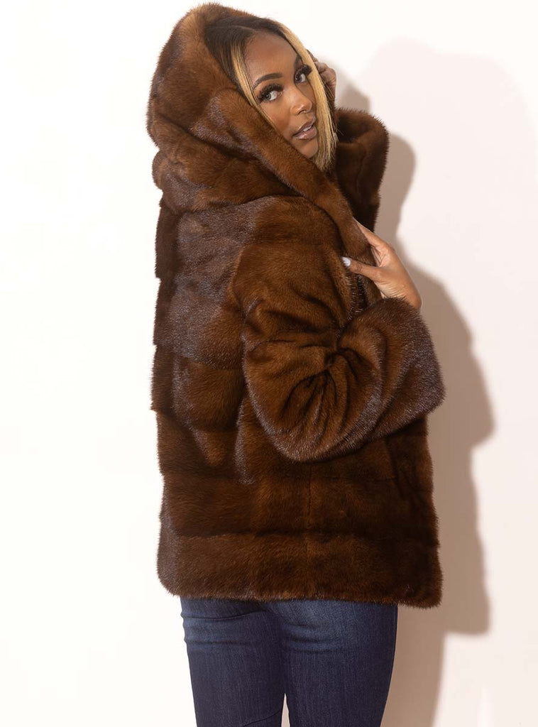 Dark Whisky Horizontal Mink Fur Jacket with Hood