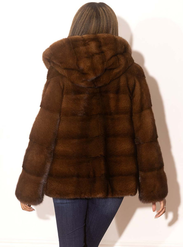 Dark Whisky Horizontal Mink Fur Jacket with Hood