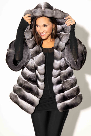 Natural Chinchilla Fur Jacket with Full Fur Hood