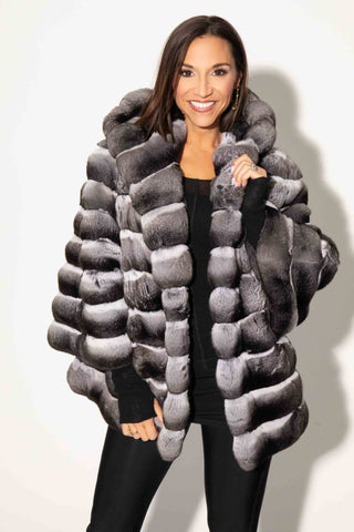 Natural Chinchilla Fur Jacket with Full Fur Hood