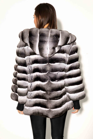 Natural Chinchilla Fur Jacket with Full Fur Hood