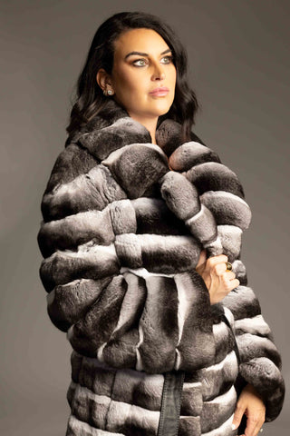 natural chinchilla fur stroller with notch collar and leather belt