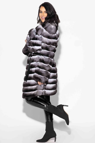 natural chinchilla fur stroller with notch collar & leather belt