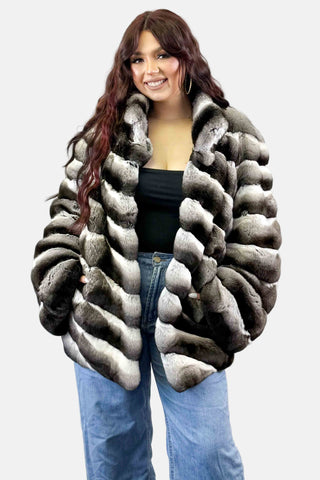 natural chinchilla fur jacket with diagonal pattern