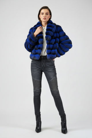 blue chinchilla jacket with shawl collar & straight sleeves