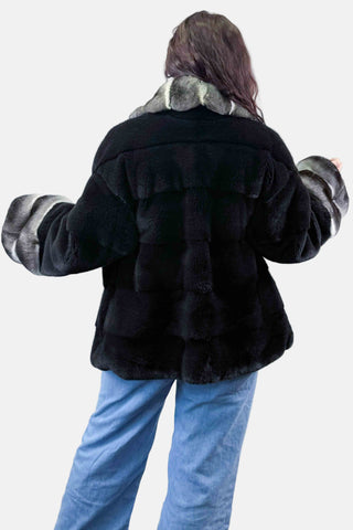 ranch mink fur jacket with horizontal pattern & chinchilla fur trim