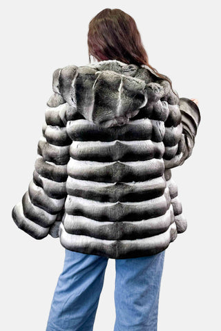 natural chinchilla fur jacket with hood & zip front