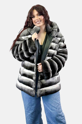 natural chinchilla fur jacket with hood & zip front