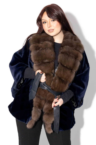 Sheared Chevron Mink Fur Cape with Russian Sable Fur Tux & Leather Belt