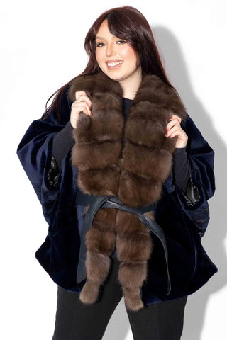 Sheared Chevron Mink Fur Cape with Russian Sable Fur Tux & Leather Belt