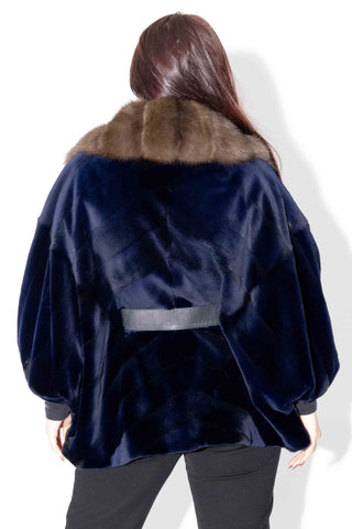 Sheared Chevron Mink Fur Cape with Russian Sable Fur Tux & Leather Belt