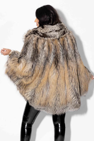 Dark Gray Fox Fur Cape with Hood & Leather Belt