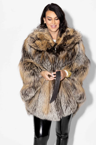 Dark Gray Fox Fur Cape with Hood & Leather Belt
