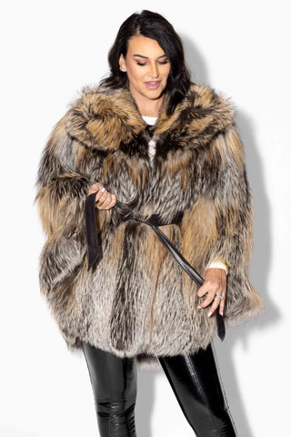Dark Gray Fox Fur Cape with Hood & Leather Belt