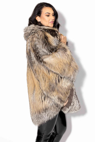 Dark Gray Fox Fur Cape with Hood & Leather Belt