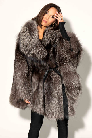 Silver Fox Fur Cape with Full Fur Hood & Leather Belt