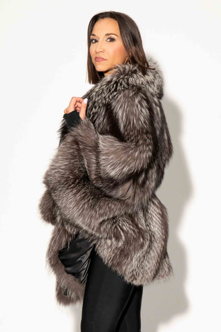 Silver Fox Fur Cape with Full Fur Hood & Leather Belt