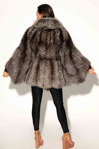 Silver Fox Fur Cape with Full Fur Hood & Leather Belt