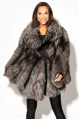 Silver Fox Fur Cape with Full Fur Hood & Leather Belt