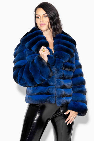 Blue Chinchilla Fur Bolero Jacket with Shawl Collar