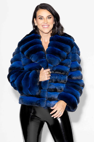 Blue Chinchilla Fur Bolero Jacket with Shawl Collar