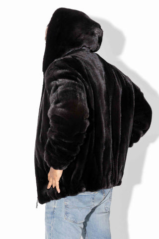 Men's Blackglama Ranch Mink Fur Bomber Jacket with Hood & Zip Front