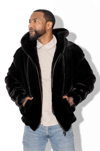 Men's Blackglama Ranch Mink Fur Bomber Jacket with Hood & Zip Front