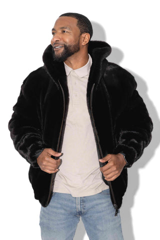 Men's Blackglama Ranch Mink Fur Bomber Jacket with Hood & Zip Front