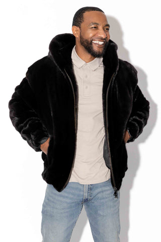 Men's Blackglama Ranch Mink Fur Bomber Jacket with Hood & Zip Front