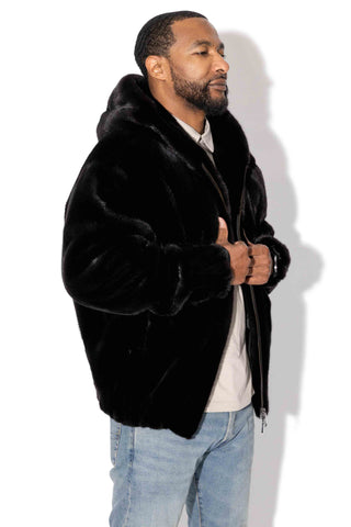 Men's Blackglama Ranch Mink Fur Bomber Jacket with Hood & Zip Front